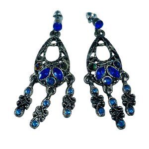 Earrings Pierced Dangle Drop Silver Color Metal Shades of Blue Rhinestones